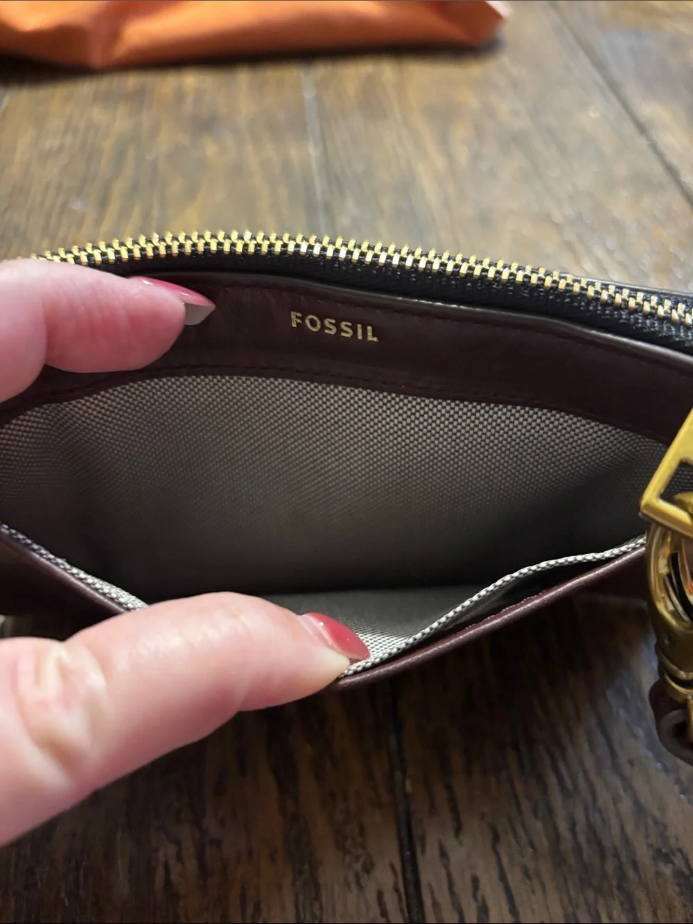 Fossil Burgundy Leather Wristlet Clutch with Yellow, Blue, Green & Pink Stripes
